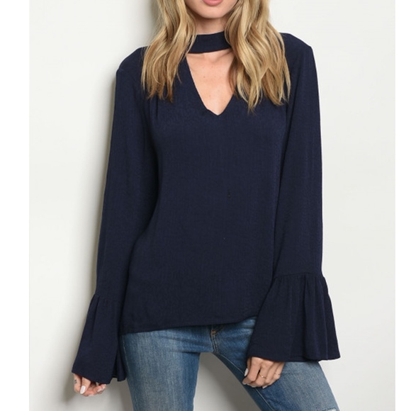 Golden Threads Tops - Navy Long Bell Sleeve Choker Neck Blouse